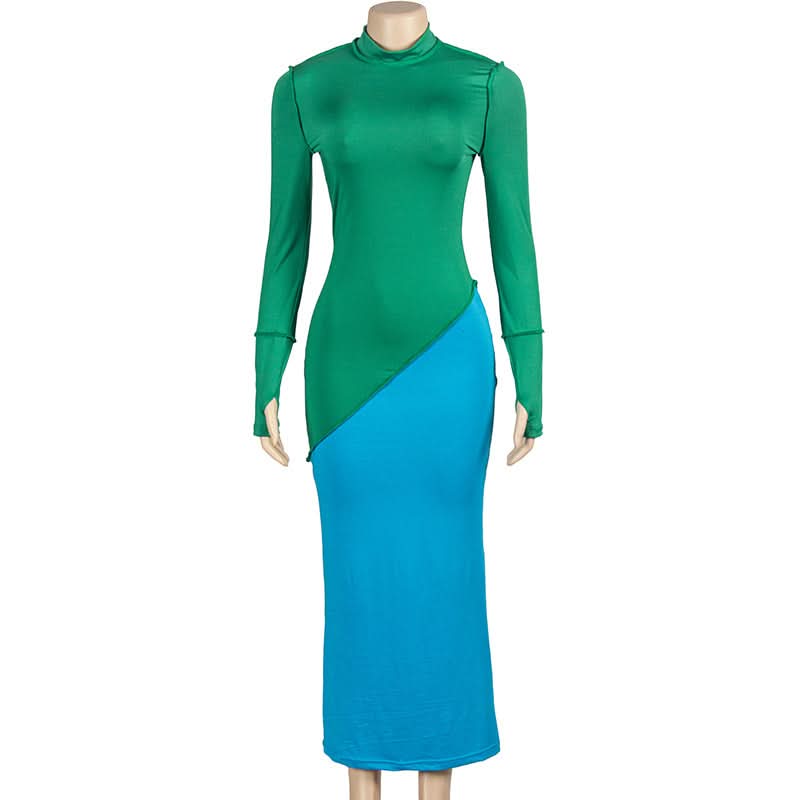 Long sleeve crewneck stitch contrast maxi dress  | Festival Outfits Women