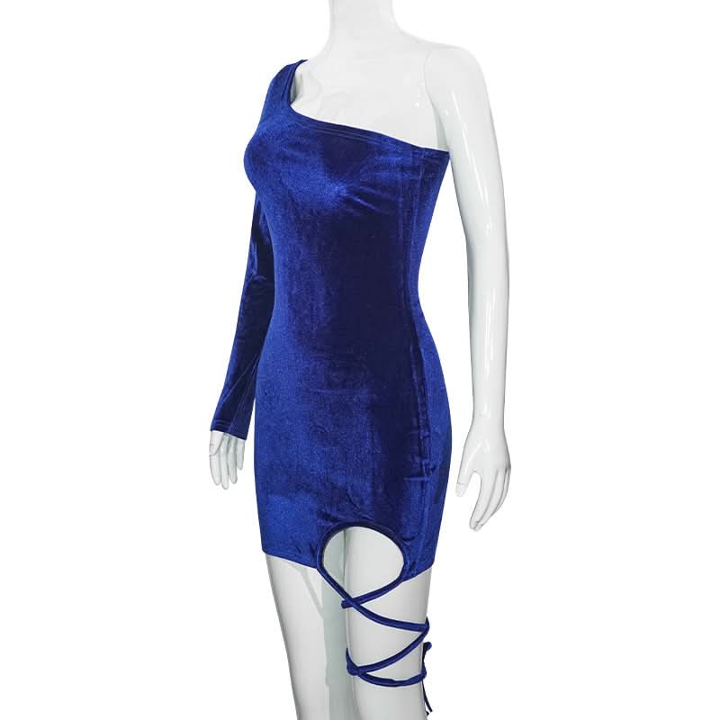 Irregular long sleeve self tie velvet one shoulder mini dress  | Festival Outfits Women