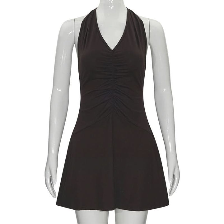 Halter self tie ruched deep V neck mini dress  | Festival Outfits Women