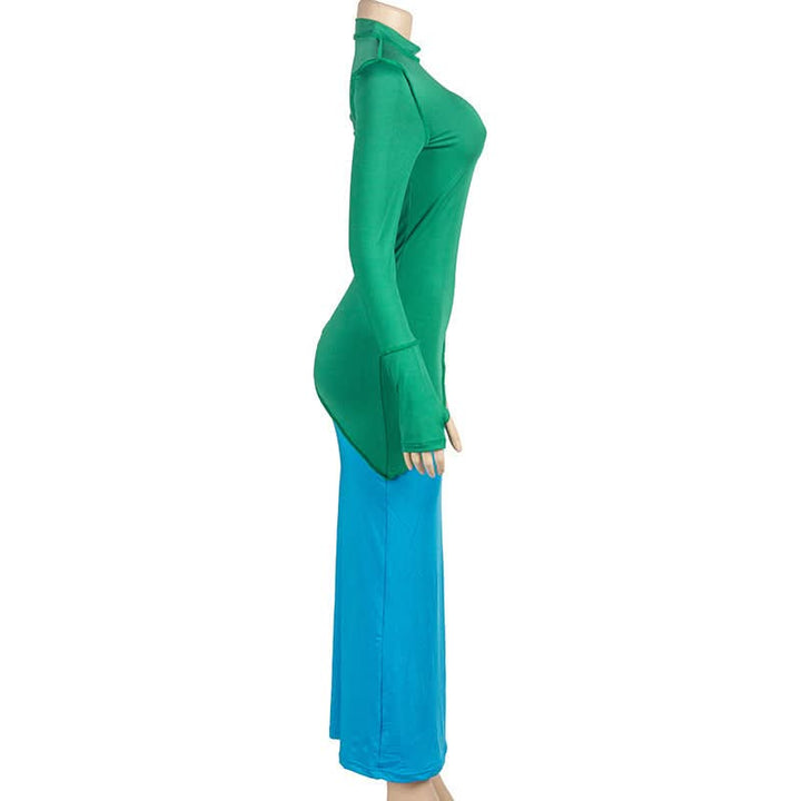 Long sleeve crewneck stitch contrast maxi dress  | Festival Outfits Women