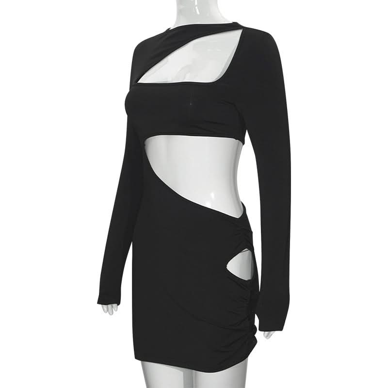 Long sleeve irregular hollow out ribbed cut out mini dress  | Festival Outfits Women