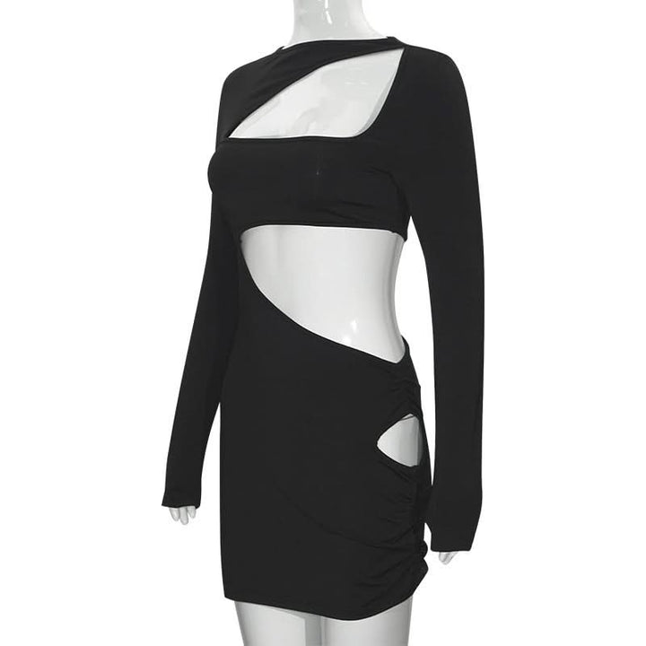 Long sleeve irregular hollow out ribbed cut out mini dress  | Festival Outfits Women