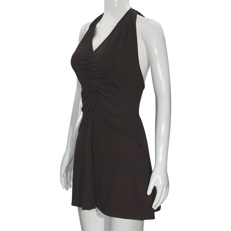 Halter self tie ruched deep V neck mini dress  | Festival Outfits Women
