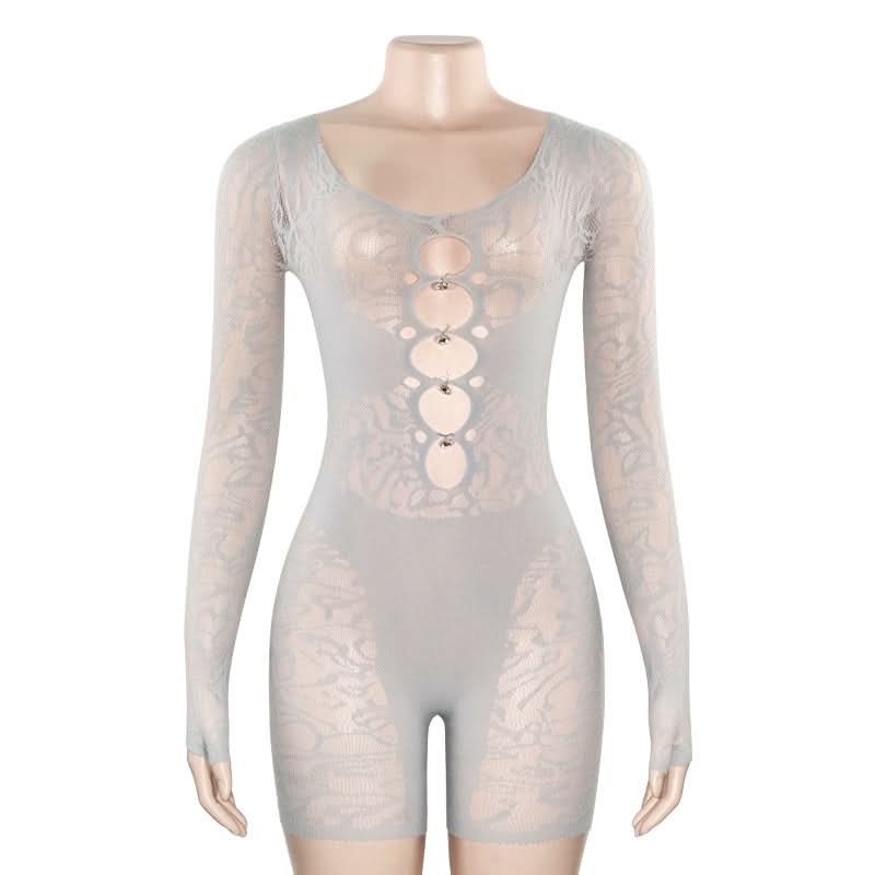 Long sleeve hollow out u neck gloves romper  | Festival Outfits Women