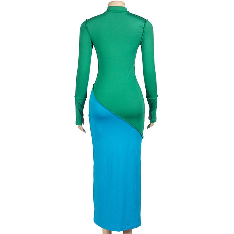 Long sleeve crewneck stitch contrast maxi dress  | Festival Outfits Women