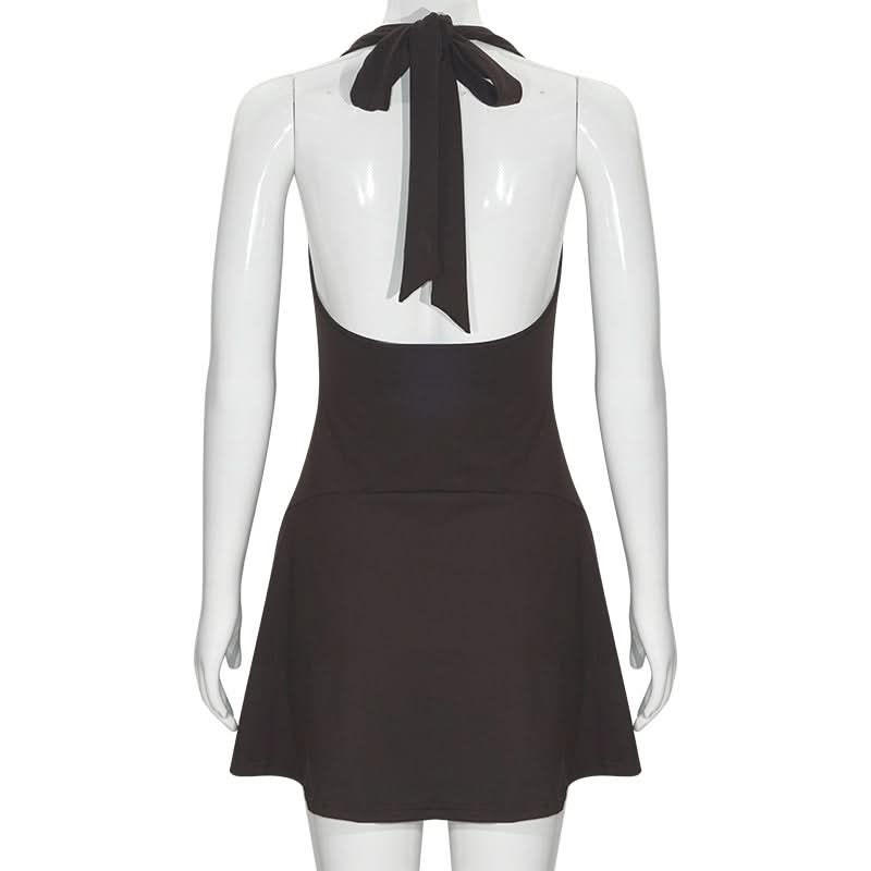 Halter self tie ruched deep V neck mini dress  | Festival Outfits Women