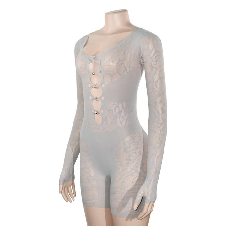 Long sleeve hollow out u neck gloves romper  | Festival Outfits Women