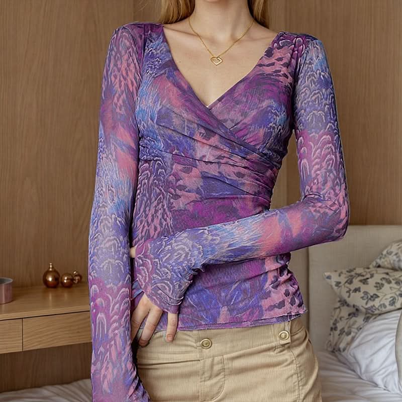 Long sleeve ruched v neck print contrast top  | Festival Outfits Women