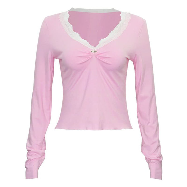 Lace hem long sleeve v neck ruched top  | Festival Outfits Women