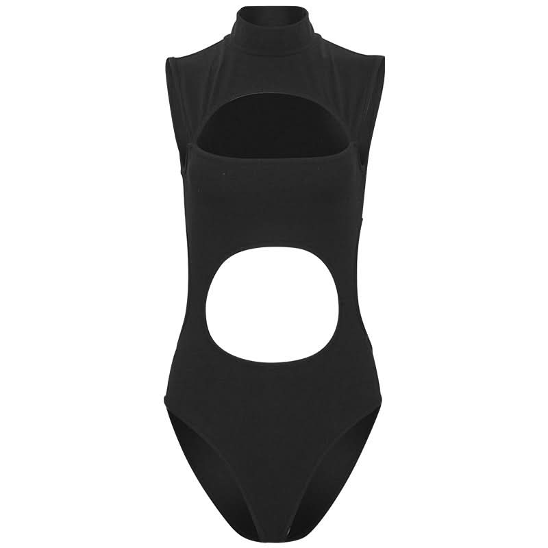 Hollow out high neck sleeveless solid bodysuit  | Festival Outfits Women