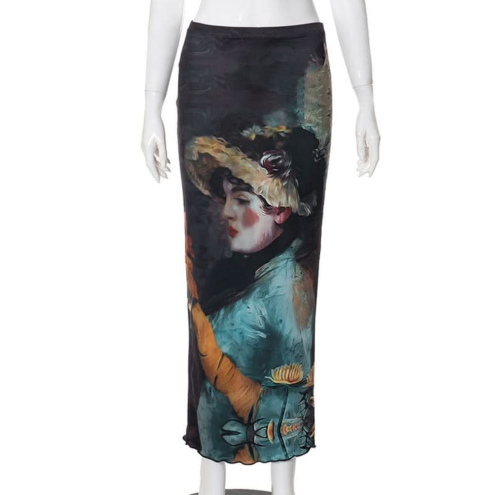 Ruffle character print contrast maxi skirt  | Festival Outfits Women