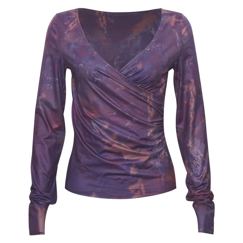 Long sleeve ruched v neck print contrast top  | Festival Outfits Women