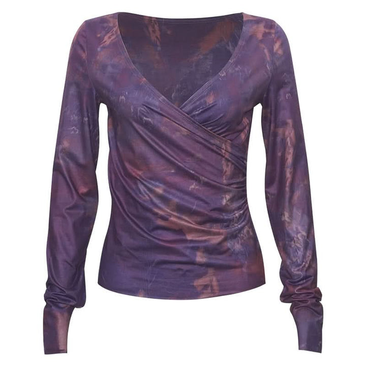 Long sleeve ruched v neck print contrast top  | Festival Outfits Women