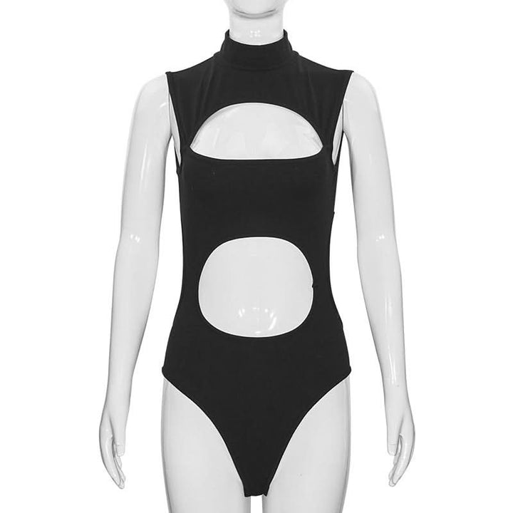 Hollow out high neck sleeveless solid bodysuit  | Festival Outfits Women