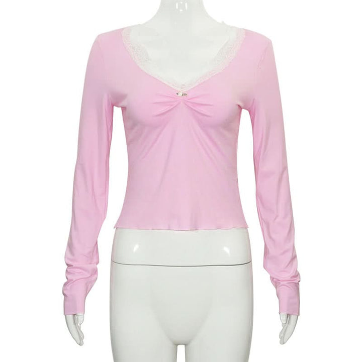 Lace hem long sleeve v neck ruched top  | Festival Outfits Women