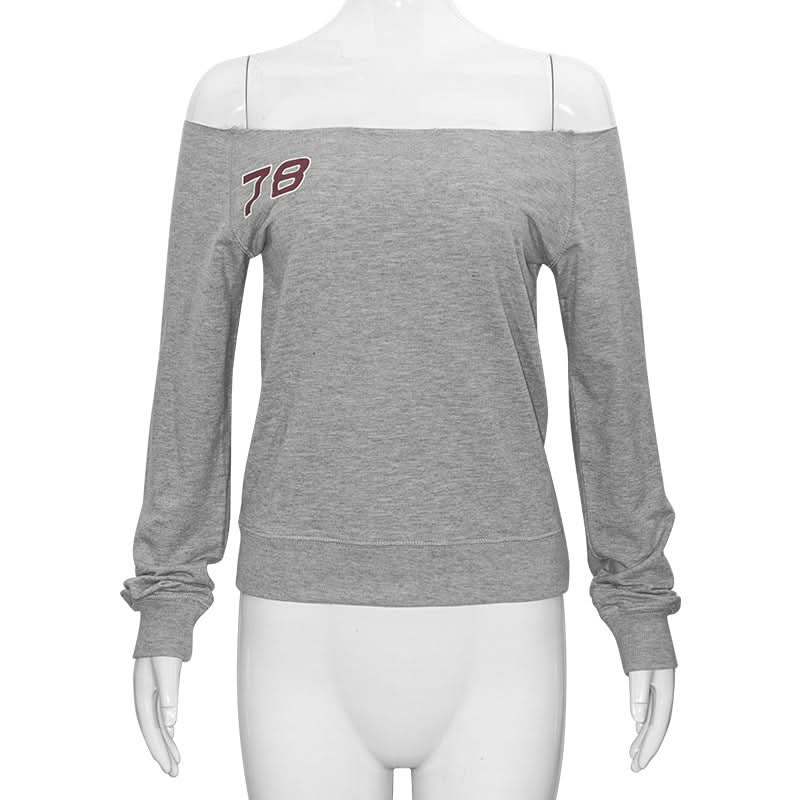 Long sleeve off shoulder letter pattern top  | Festival Outfits Women