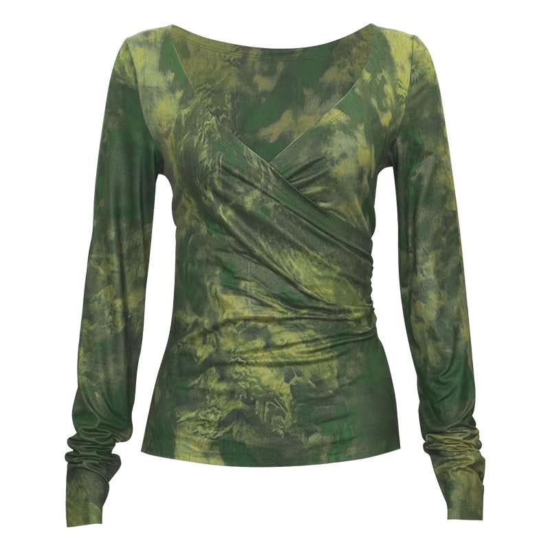 Long sleeve ruched v neck print contrast top  | Festival Outfits Women