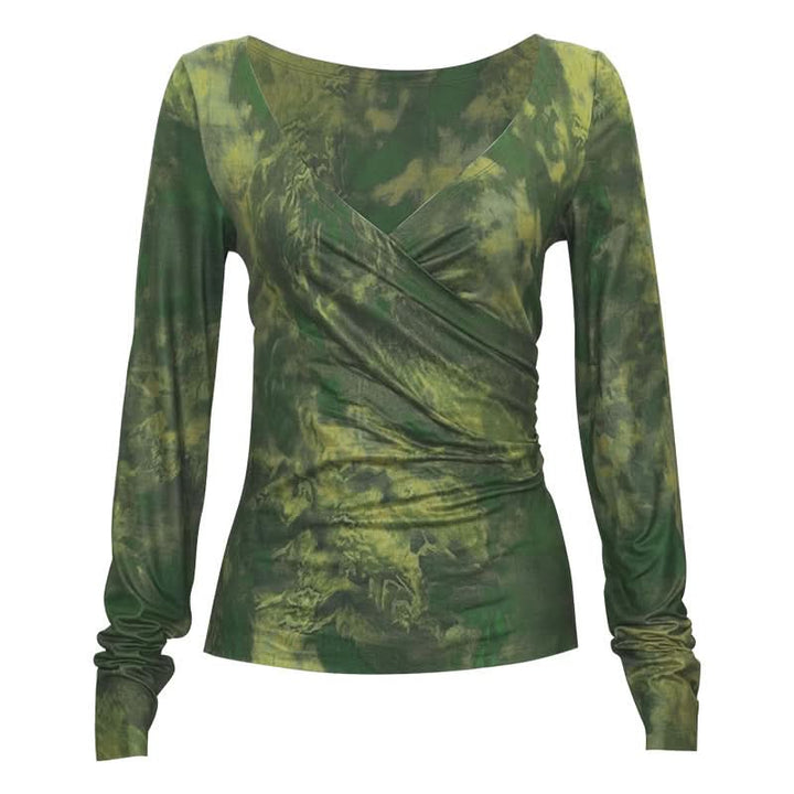 Long sleeve ruched v neck print contrast top  | Festival Outfits Women
