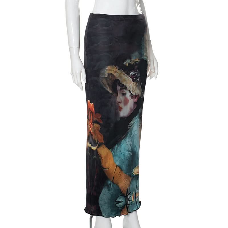 Ruffle character print contrast maxi skirt  | Festival Outfits Women
