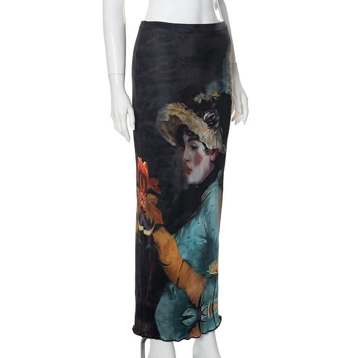 Ruffle character print contrast maxi skirt  | Festival Outfits Women