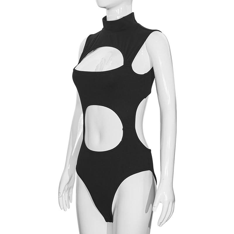 Hollow out high neck sleeveless solid bodysuit  | Festival Outfits Women