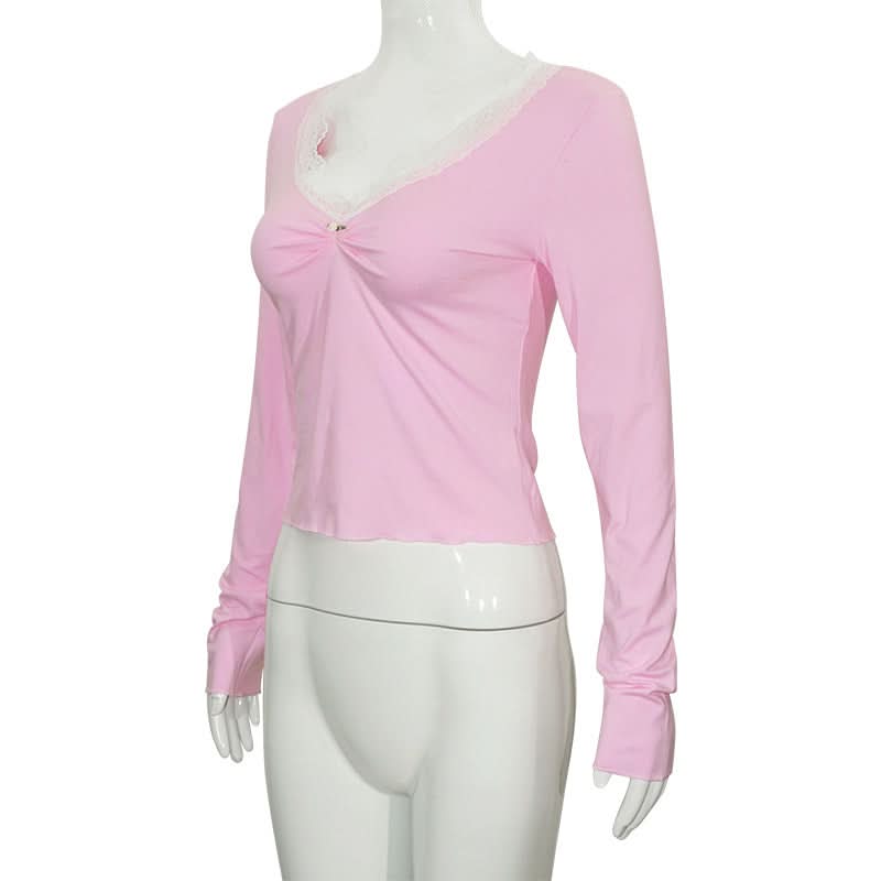 Lace hem long sleeve v neck ruched top  | Festival Outfits Women