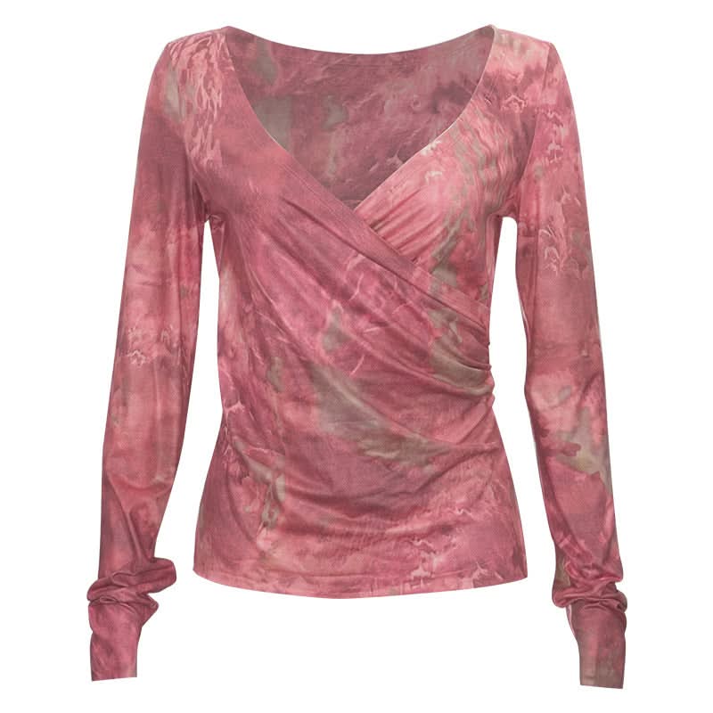 Long sleeve ruched v neck print contrast top  | Festival Outfits Women