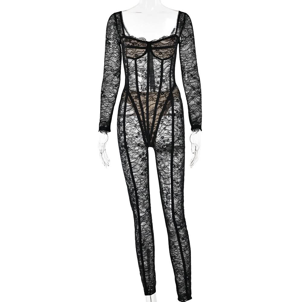Long sleeve lace see through v neck zip-up jumpsuit  | Festival Outfits Women