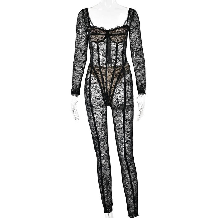 Long sleeve lace see through v neck zip-up jumpsuit  | Festival Outfits Women