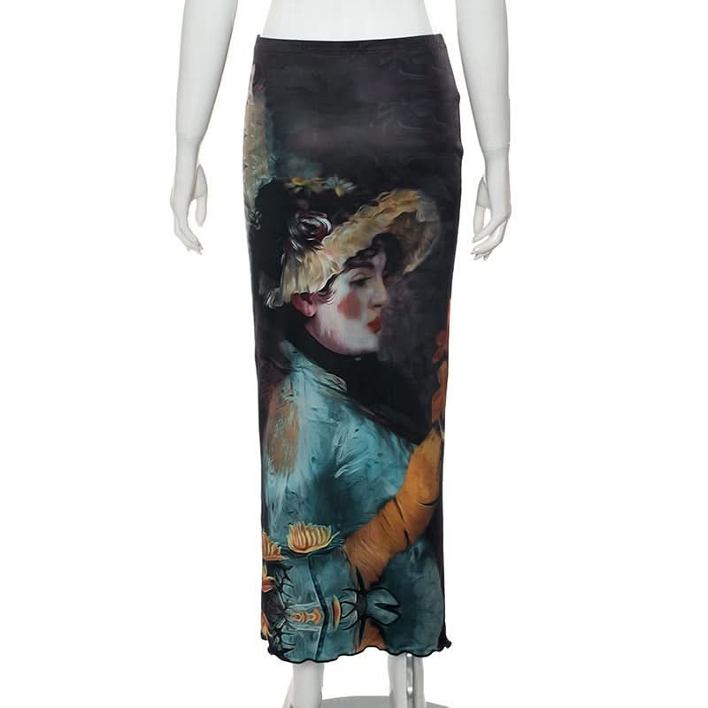 Ruffle character print contrast maxi skirt  | Festival Outfits Women