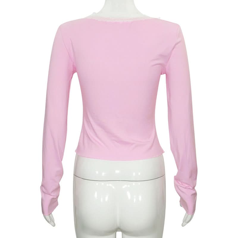 Lace hem long sleeve v neck ruched top  | Festival Outfits Women