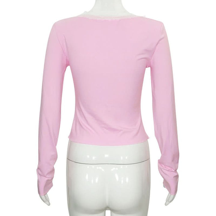 Lace hem long sleeve v neck ruched top  | Festival Outfits Women