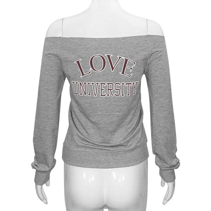 Long sleeve off shoulder letter pattern top  | Festival Outfits Women