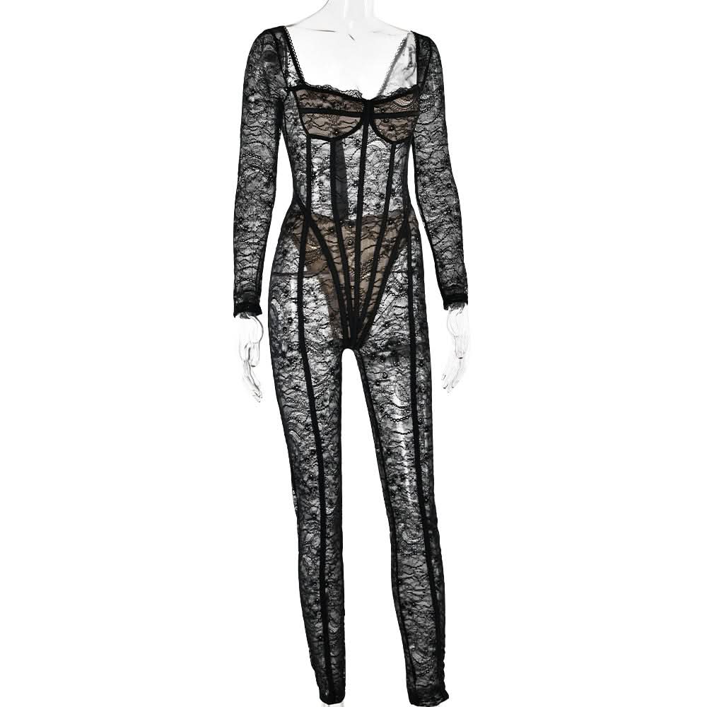 Long sleeve lace see through v neck zip-up jumpsuit  | Festival Outfits Women
