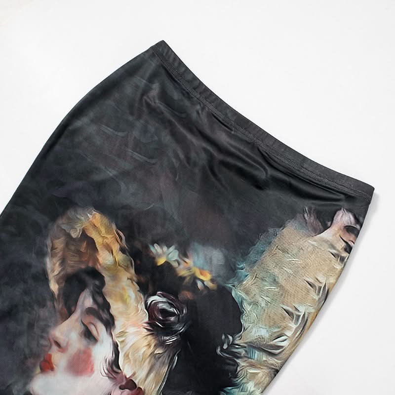 Ruffle character print contrast maxi skirt  | Festival Outfits Women