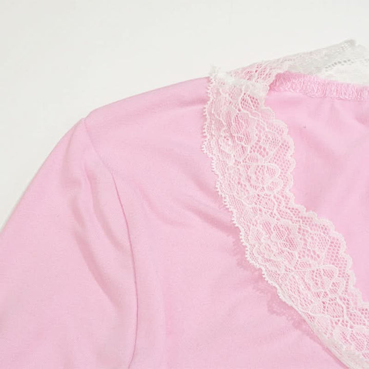 Lace hem long sleeve v neck ruched top  | Festival Outfits Women