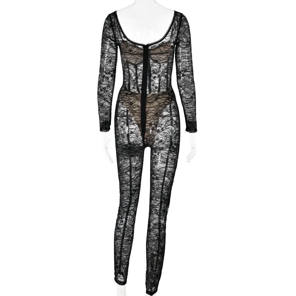 Long sleeve lace see through v neck zip-up jumpsuit  | Festival Outfits Women