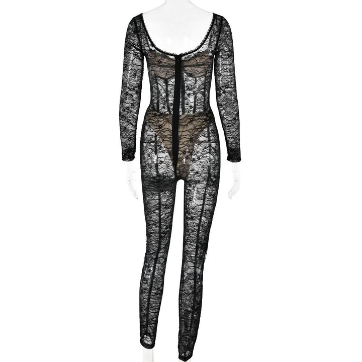 Long sleeve lace see through v neck zip-up jumpsuit  | Festival Outfits Women