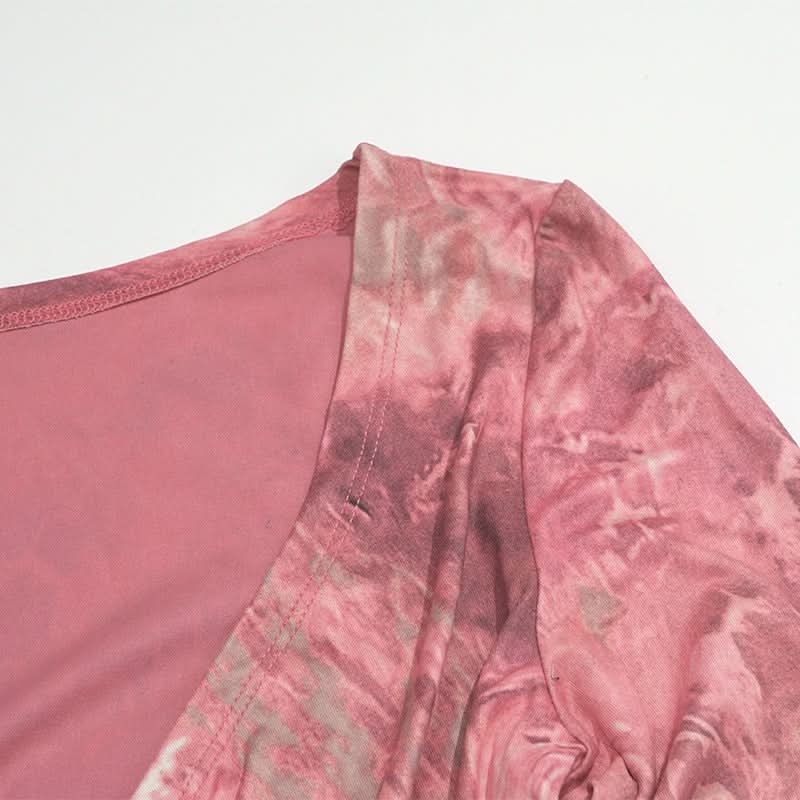 Long sleeve ruched v neck print contrast top  | Festival Outfits Women
