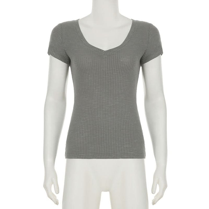 V neck short sleeve ribbed top  | Festival Outfits Women