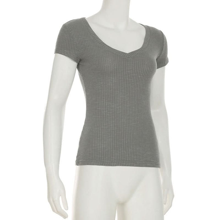 V neck short sleeve ribbed top  | Festival Outfits Women