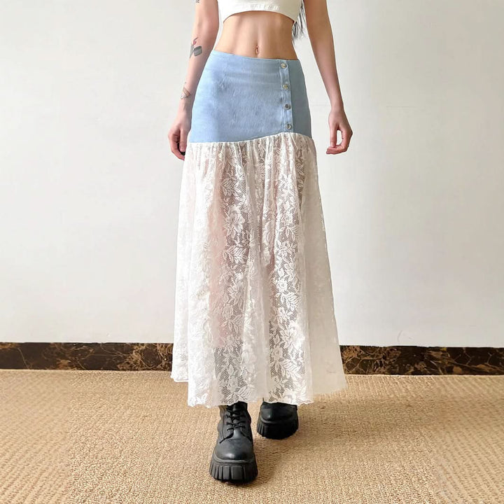 Denim lace patchwork button maxi skirt  | Festival Outfits Women