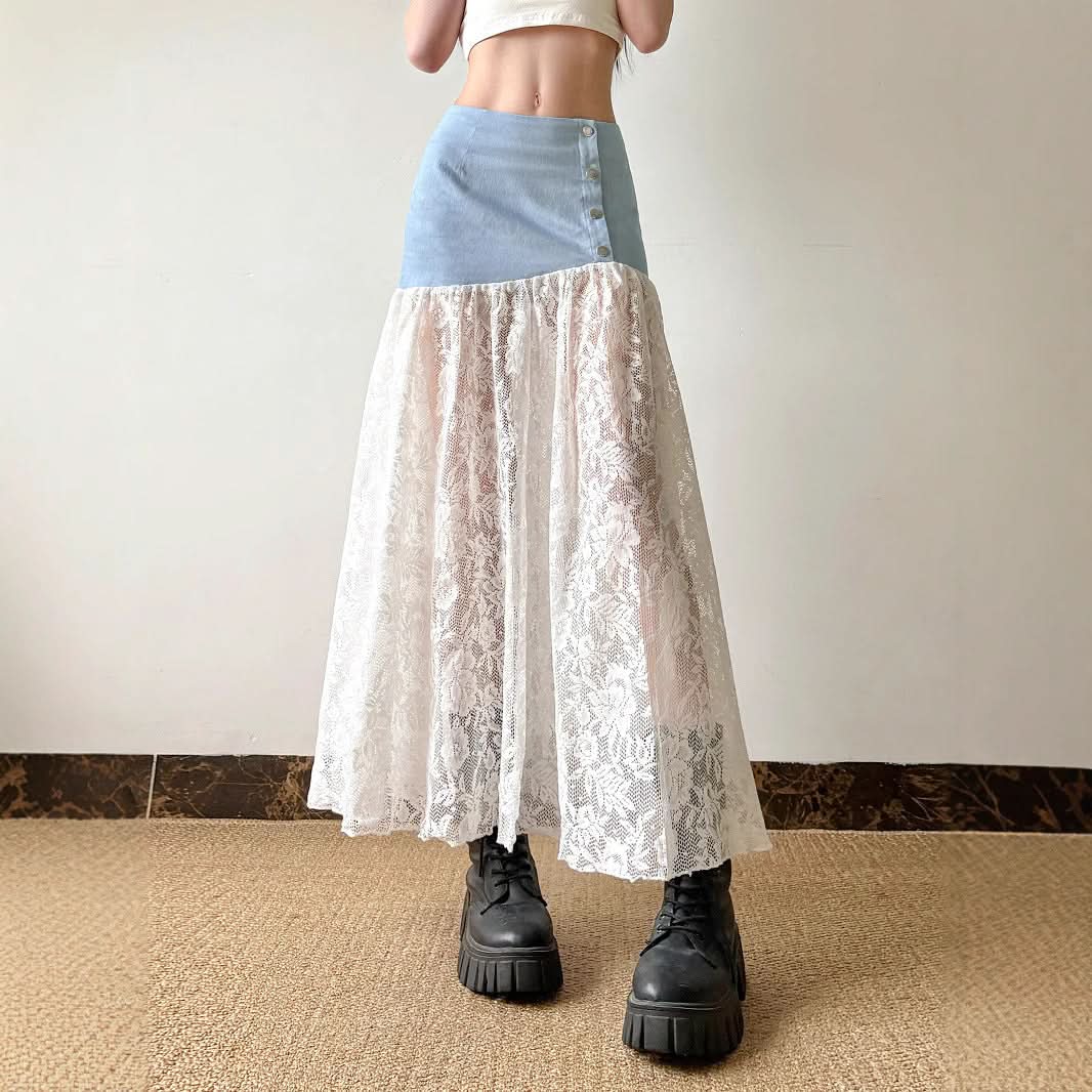 Denim lace patchwork button maxi skirt  | Festival Outfits Women
