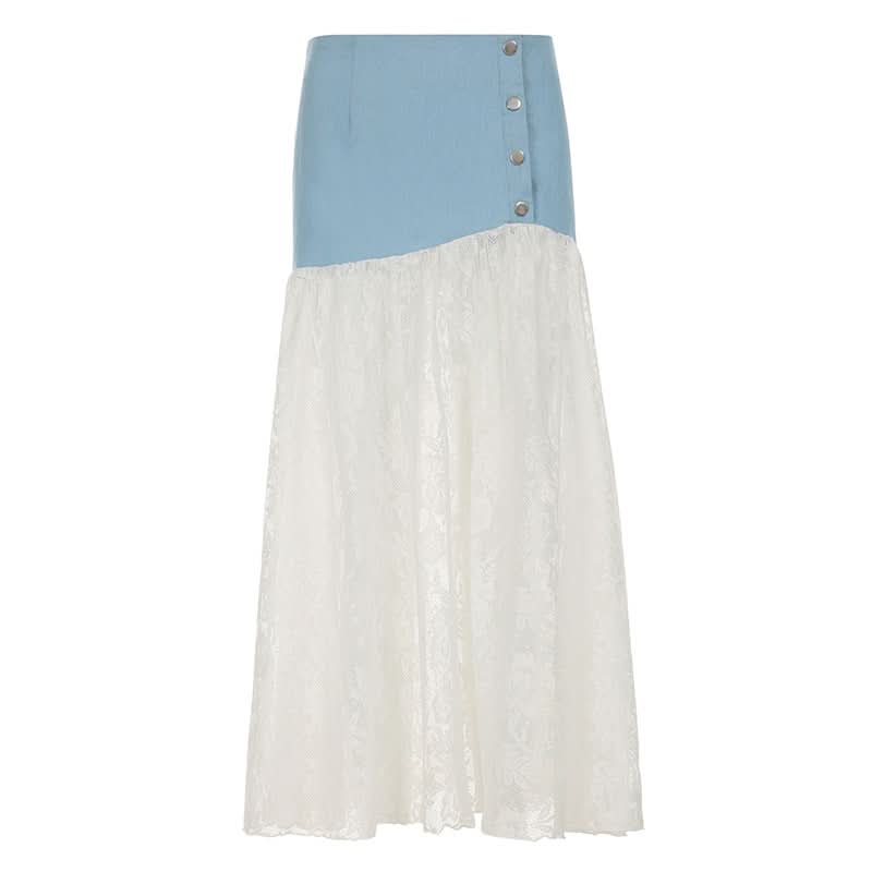 Denim lace patchwork button maxi skirt  | Festival Outfits Women