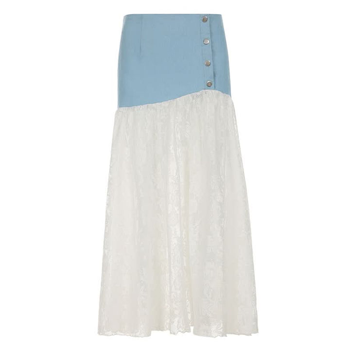 Denim lace patchwork button maxi skirt  | Festival Outfits Women