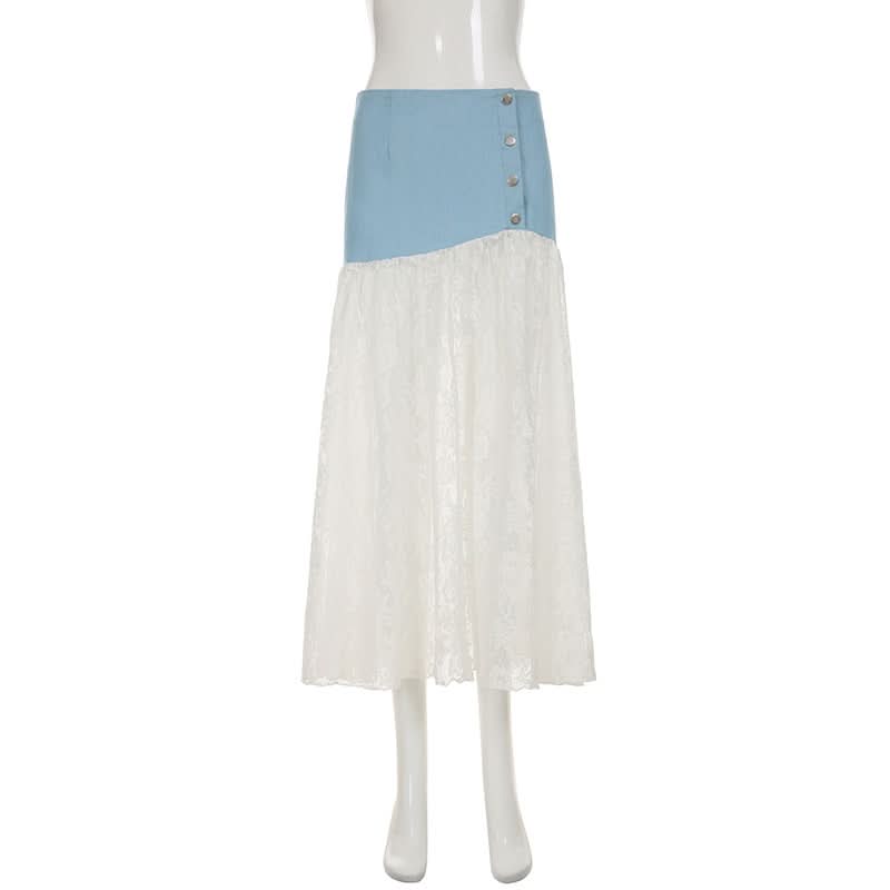 Denim lace patchwork button maxi skirt  | Festival Outfits Women