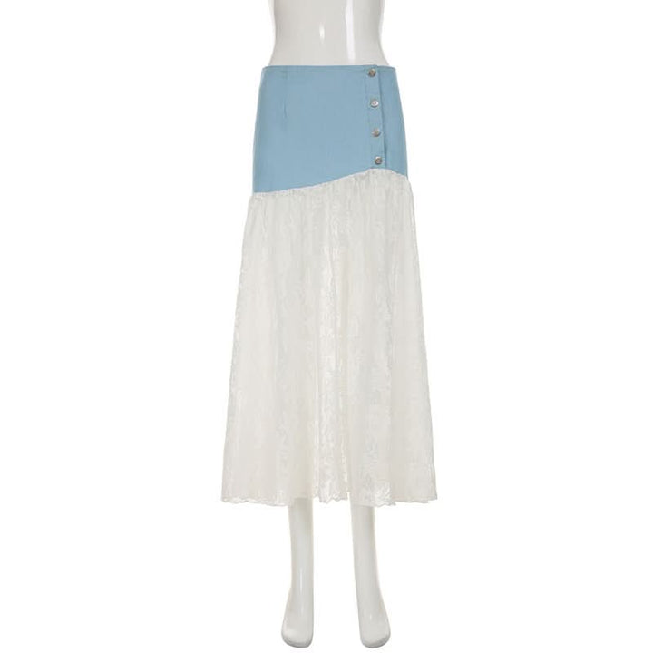 Denim lace patchwork button maxi skirt  | Festival Outfits Women