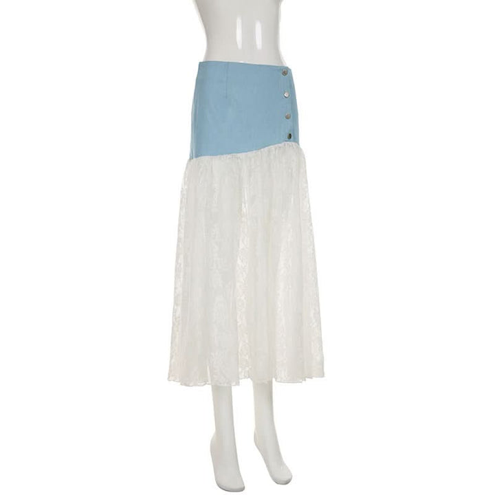 Denim lace patchwork button maxi skirt  | Festival Outfits Women