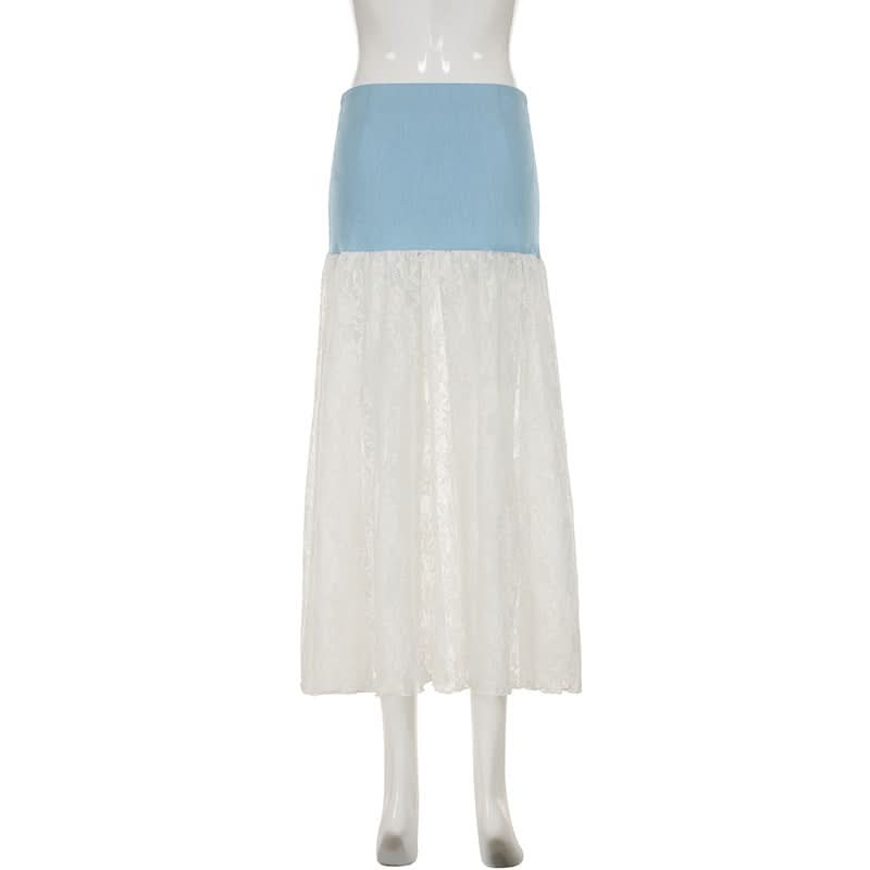 Denim lace patchwork button maxi skirt  | Festival Outfits Women