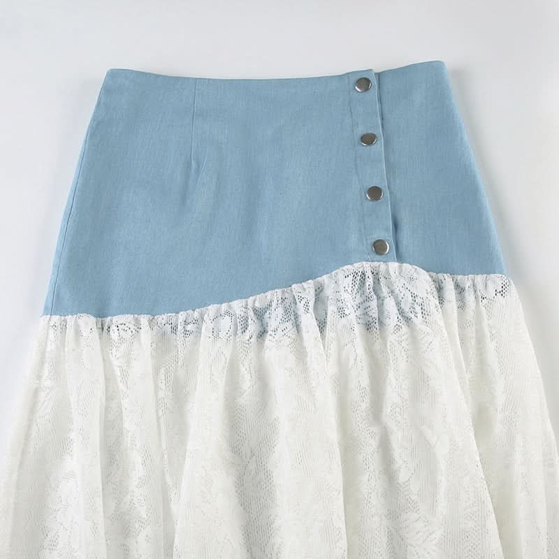 Denim lace patchwork button maxi skirt  | Festival Outfits Women